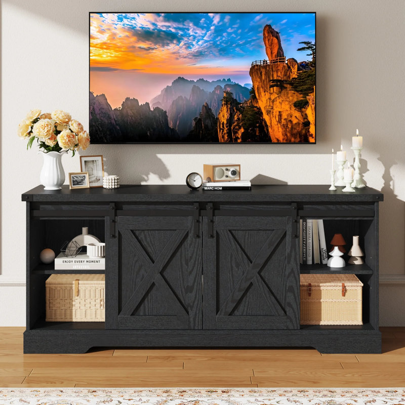Ravindr TV Stand for TVs, Black, 25.8" H x 70.1" W x 15.6" D