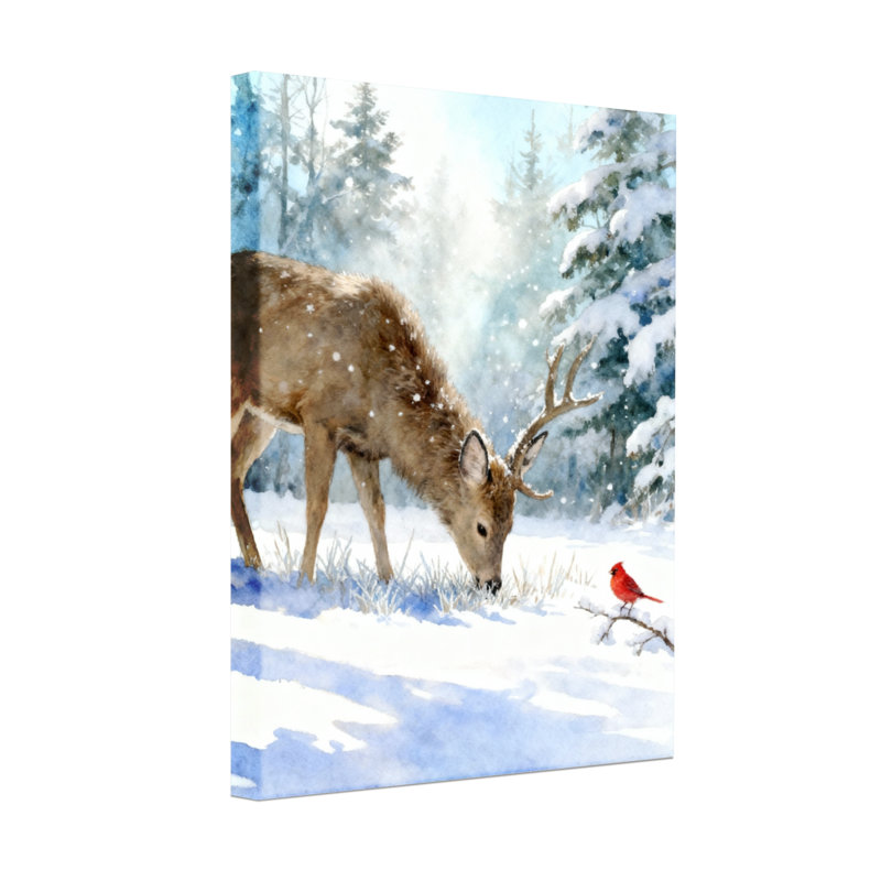 Animals Winter Deer And Red Bird Scene, 24" H x 16" W