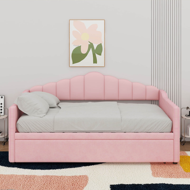 Lit de jour rembourré simple avec couchette escamotable réglable en hauteur et port de charge USB et Type-C, Rose
