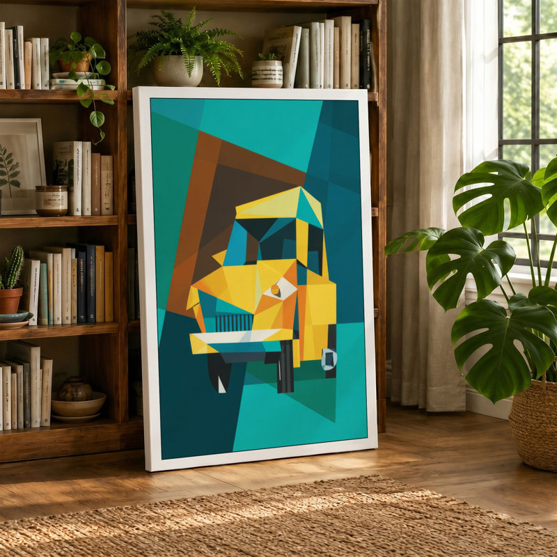 Yellow Bulldozer Mid-Century - Wrapped Canvas, 24x16 - 61.0 x 40.6 cm, Teal Border