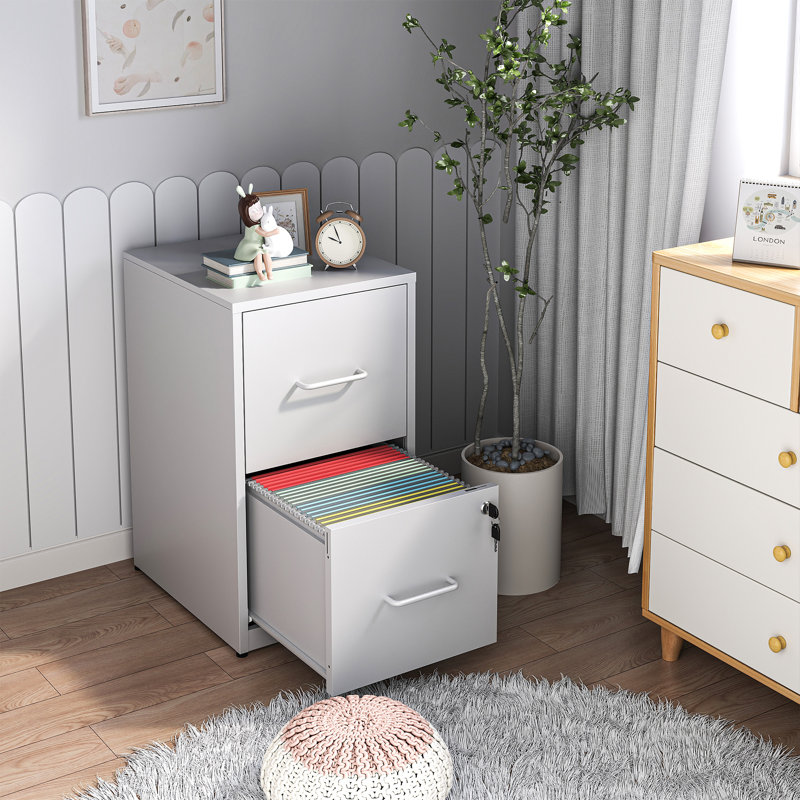 Classeur vertical en métal à 2 tiroirs Abheek pour bureau à domicile, Blanc