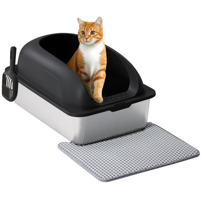 Enclosed Stainless Steel Cat Litter Box with Lid, Scoop and Mat, 24'' L x 15.8'' W x 11.8'' H