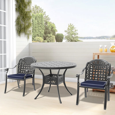 3 meubles de patio en aluminium coulé avec coussins - noir, par mauvais temps, table d'extérieur empilable et confortable et 3 chaises en éléments solaires,