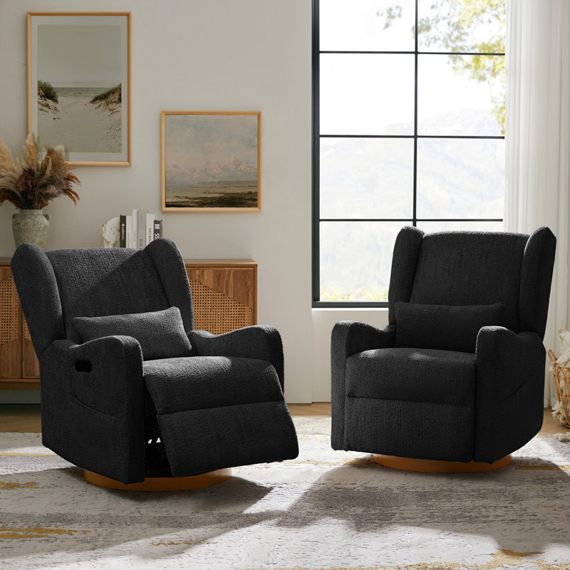 Ceandra 29.5"W Modern Nursery Swivel Glider Power Recliner with Built-In Nightlight (Set of 2), Black