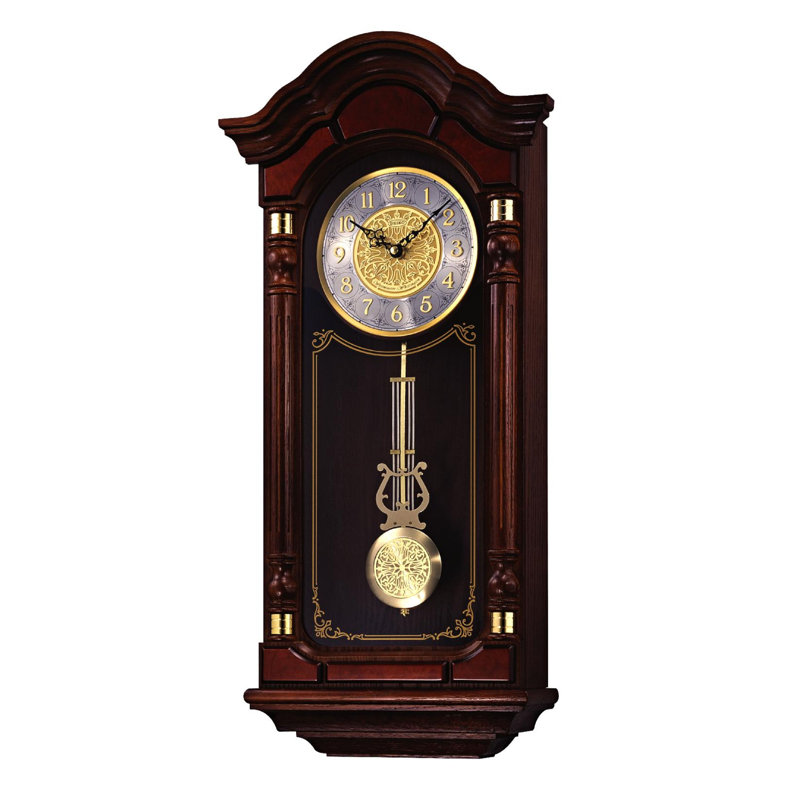 Seiko Dark Brown Oak Wall Clock with Brass Pendulum and Chime