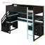 Lit mezzanine simple en bois avec escalier de rangement, bureau, tablettes et panneau perforé, noir et bleu-607960436-607960437