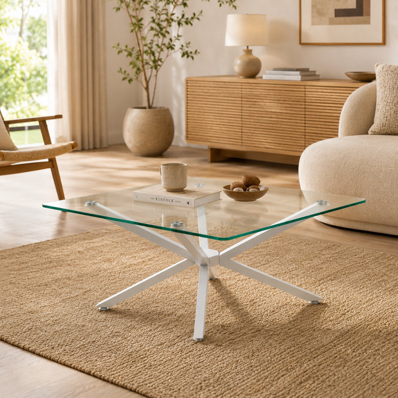 Modern Tempered Glass Coffee Table with Metal Base, Rectangular Living Room Dining Table, White, Transparent