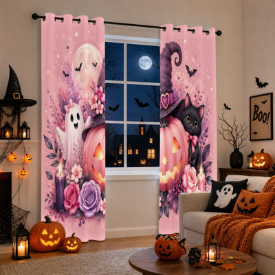 Lot de 2 jolis rideaux occultants pour l'Halloween, motif de chat noir, citrouille, fantôme et lune. Décoration de chambre, rideaux thermiques isolants et insonorisants pour la chambre, le salon et les fêtes.