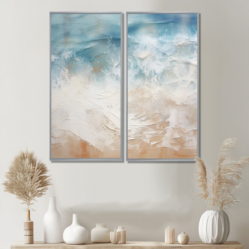 Vue aérienne de sable moderne bleu et beige I - art mural côtier, 40" H x 40" W, Impression encadrée flottante, Silver