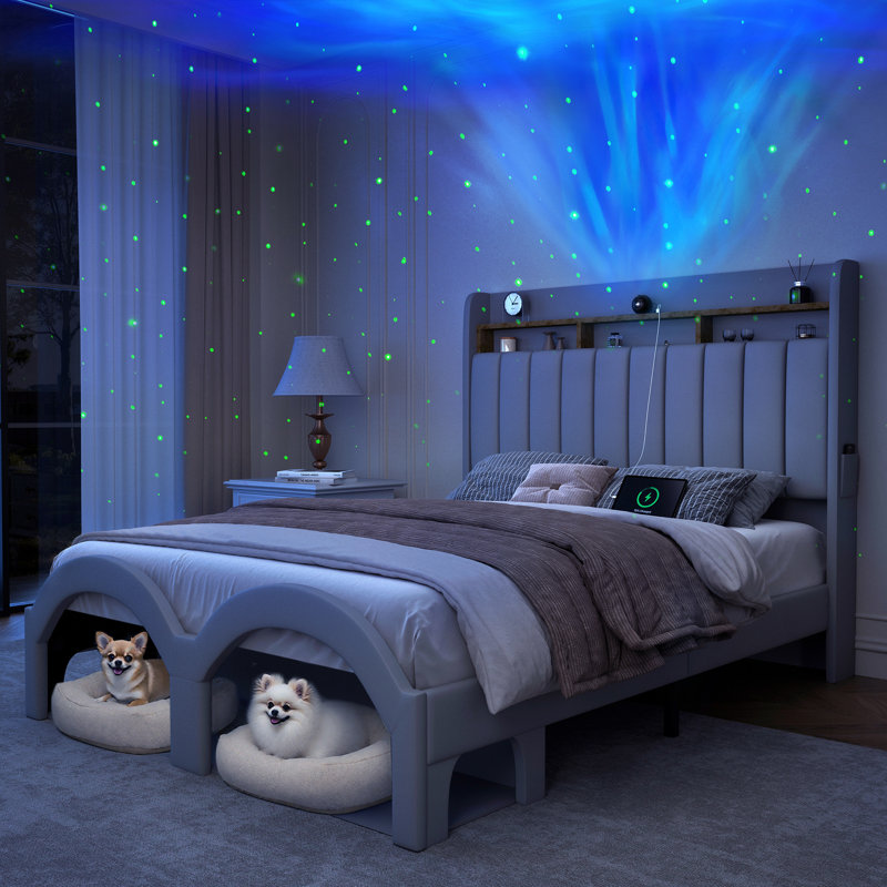 Cadre de lit avec poches de tiroirs de rangement et tête de lit tapissier à oreilles Galaxy Star, Blanc, Grand