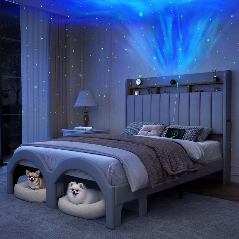 Cadre de lit avec poches de tiroirs de rangement et tête de lit tapissier à oreilles Galaxy Star, Grand, Noir