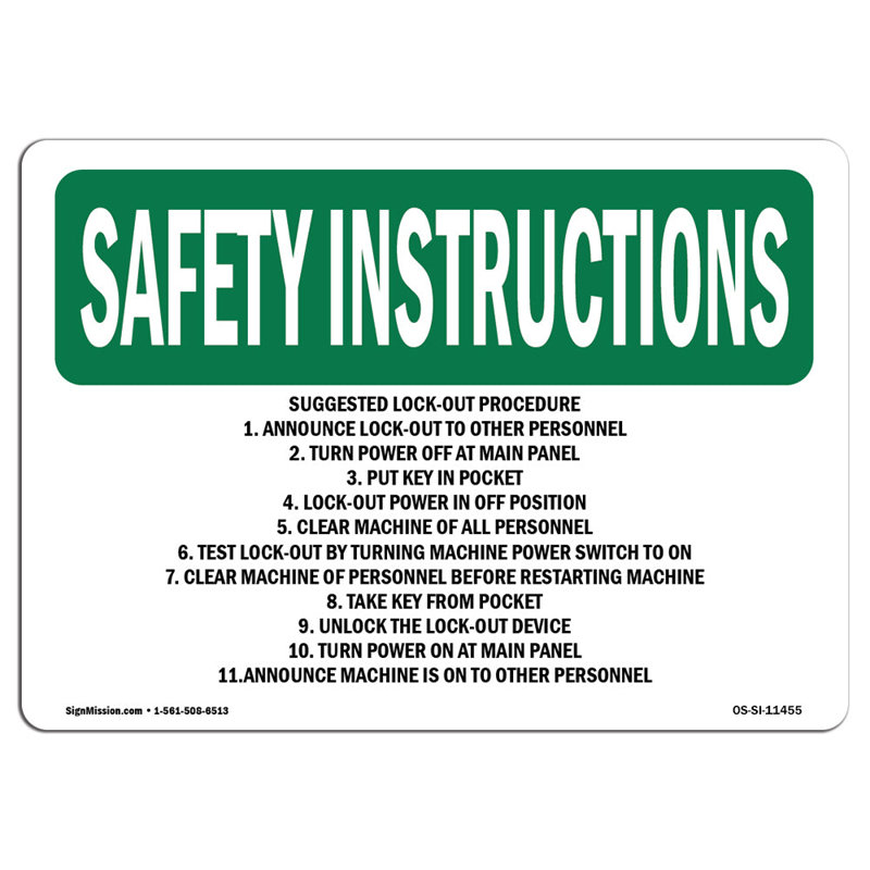Safety Instructions Sign, 12" H x 18" W x 0.1" D