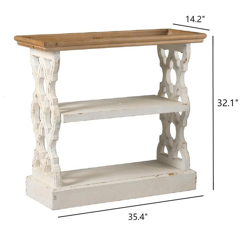 35.4" Farmhouse Wooden Console Table with Top Shelf Tray and Hollow out pattern，French Country Console Table