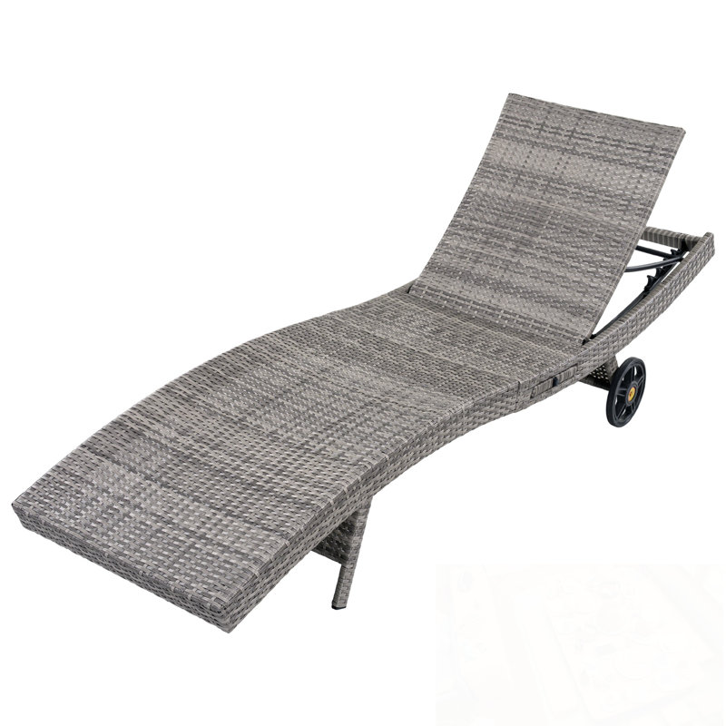 Ensemble de 2 chaises longues en osier de patio avec roulettes et table d'appoint, Gris