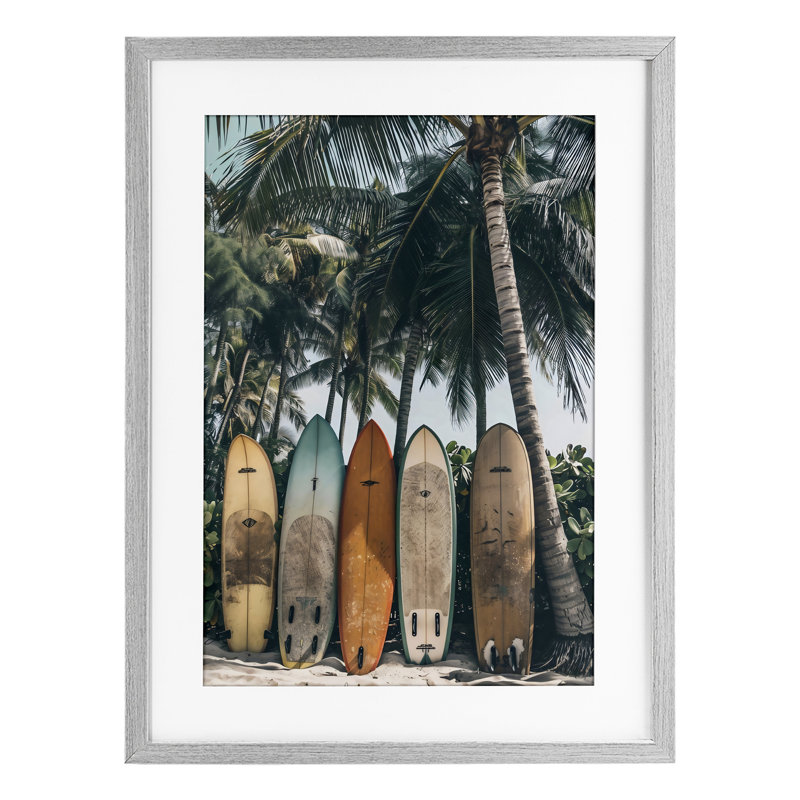 Planche de surf rétro, reproduction encadrée sous verre, design par LSR Design Studio, H 20 po x l 14 po, Cadre de ferme gris