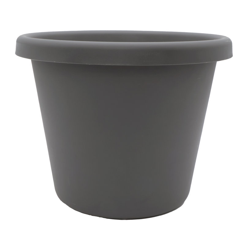The  14 Inch Round Classic Planter, Plastic Plant Pot, Warm Gray, 12" H x 10.4" W x 0.6" D, Gray
