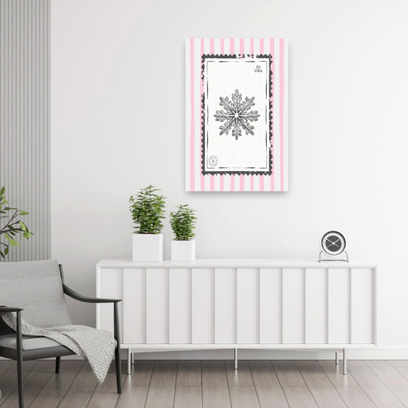 Pink Striped Snowflake Stamp Vintage Abstract Nature Winter Wall Art Print 1 Piece Wrapped Canvas Wall Art
