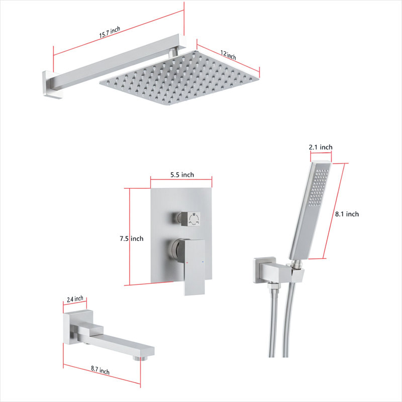 Système de douche avec nickel brossé, valve à pression équilibrée et pomme de douche à effet pluie, douchette à main