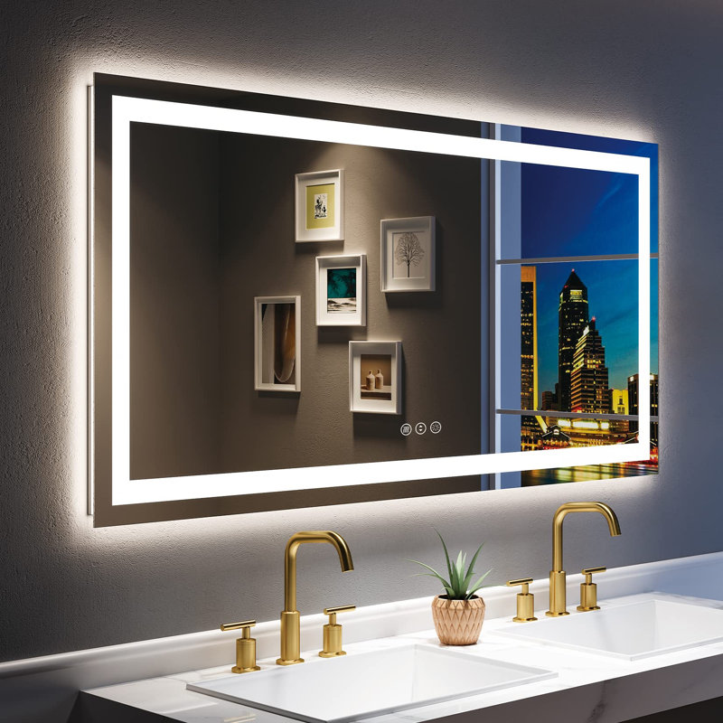 Akilan Frameless LED Vanity Mirror with Front-lit and Back-lit, Memory Function, 3 Color Temperatures & Dimmable Light, Anti-fog Tempered Glass ETL Mirror