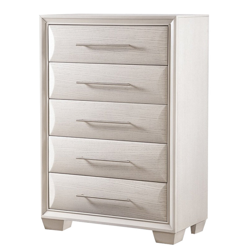 Commode haute 5 tiroirs Nitz, bois massif blanc, poignées en métal, Blanc