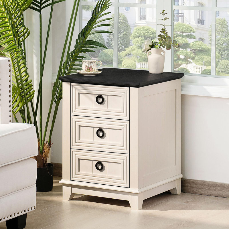 18" Farmhouse Night Stand with 3 Drawers, White