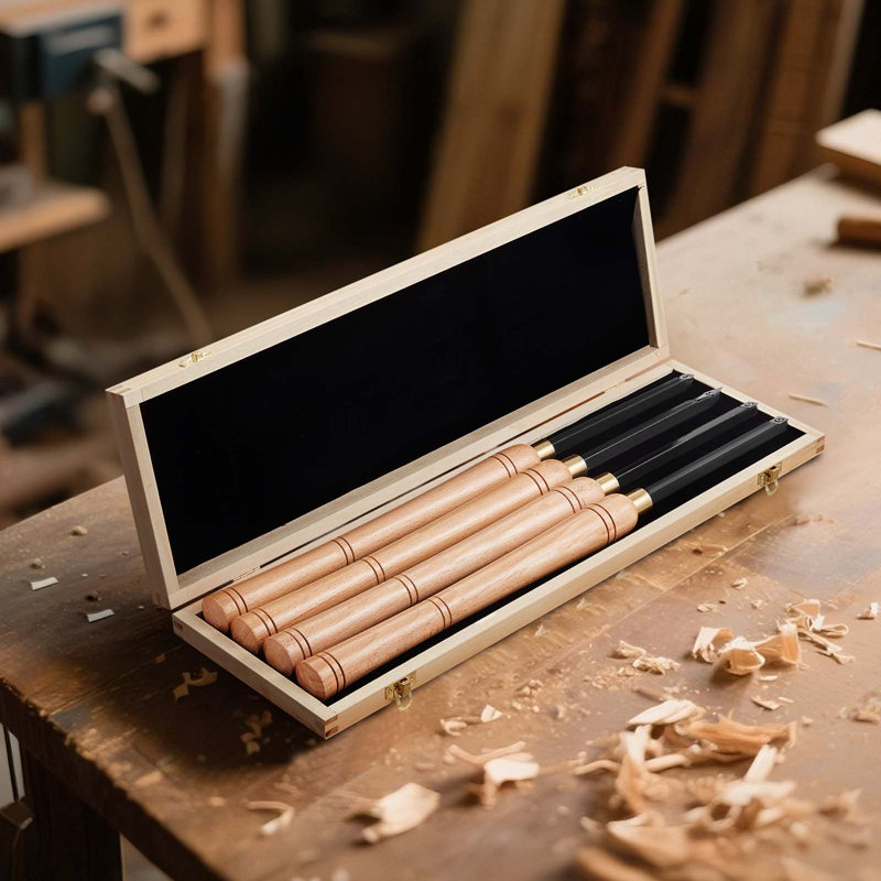 Wood Lathe Turning Tool Set, 4PCS, Lathe Roughing Finishing and Detailing Hollow Tool with Wooden Handle, Diamond Round Square Carbide Inserts, Wooden Box, for Beginners Hobbyists Professionals