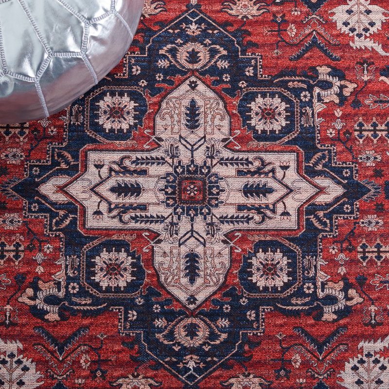Red and Navy 9' x 12' Washable Viscose Chenille Rug