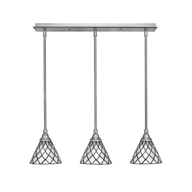 Luminaire suspendu linéaire à 3 lumières suspendu au fini nickel brossé avec verre de glace à losanges de 7 po