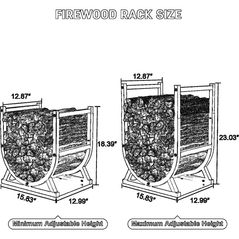 Support à bois de chauffage robuste et réglable pour une utilisation intérieure et extérieure, porte-bûches de grande capacité avec base renforcée, fabrication en métal thermolaqué résistant à la rouille