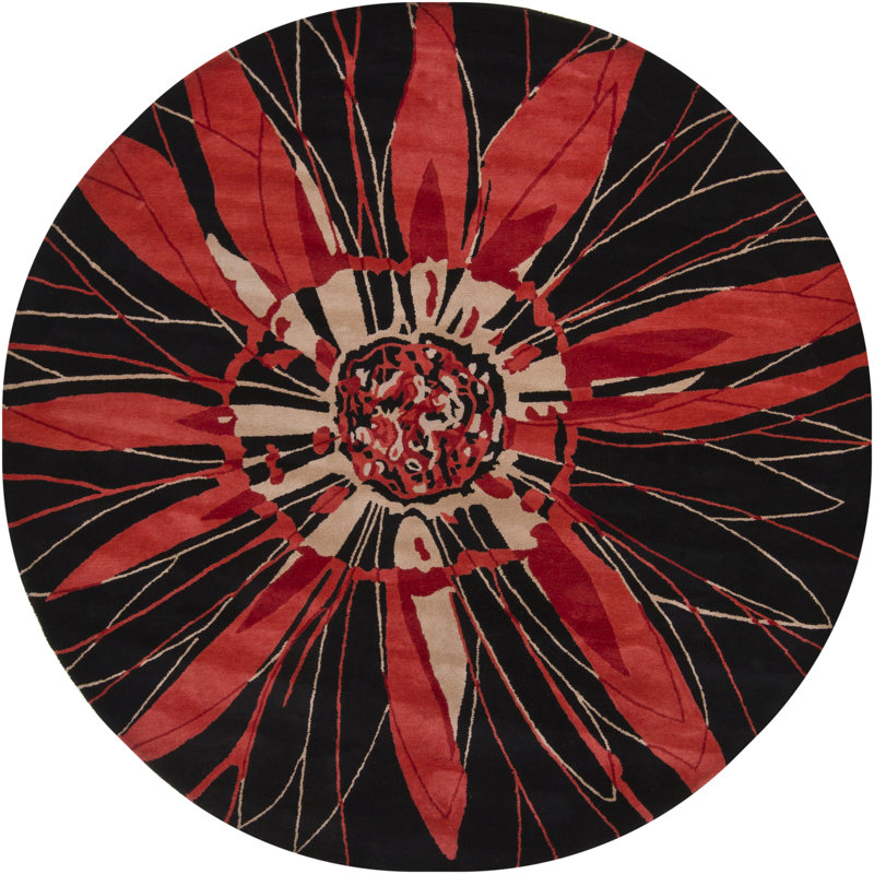 Tapis d'intérieur rond en laine, fait main, à motif floral médaillon, brun, rouge et rose, Noir / Rouge, Rond 7 pi 9 po