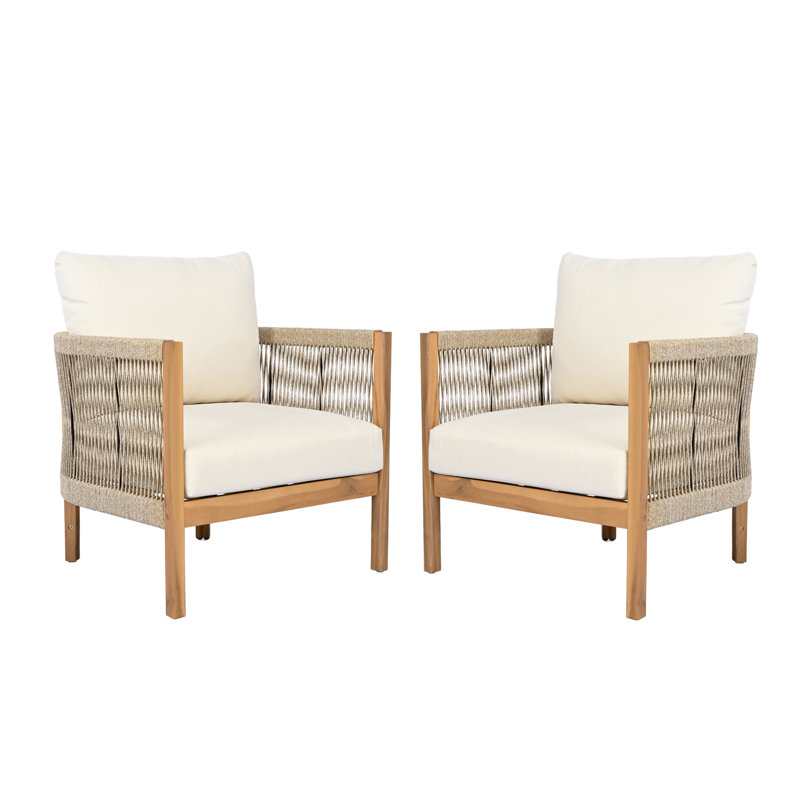 Fauteuil club d'extérieur en bois d'acacia avec coussins Harrill, Teck / beige