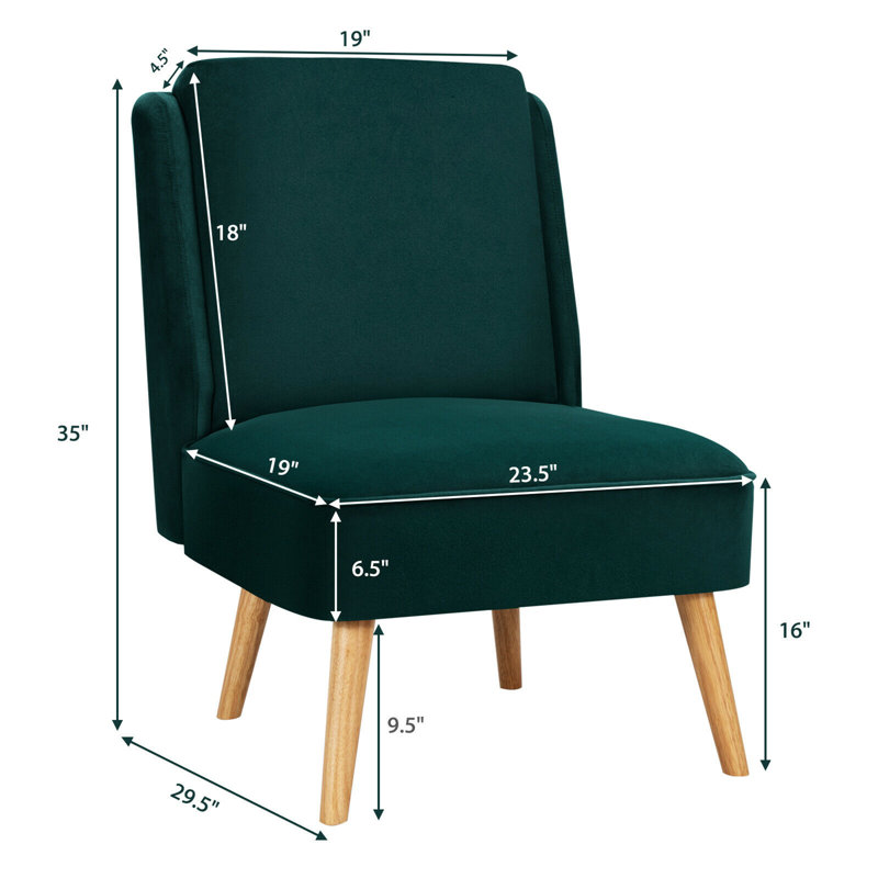 Green Velvet Armless Accent Chair with Wood Legs