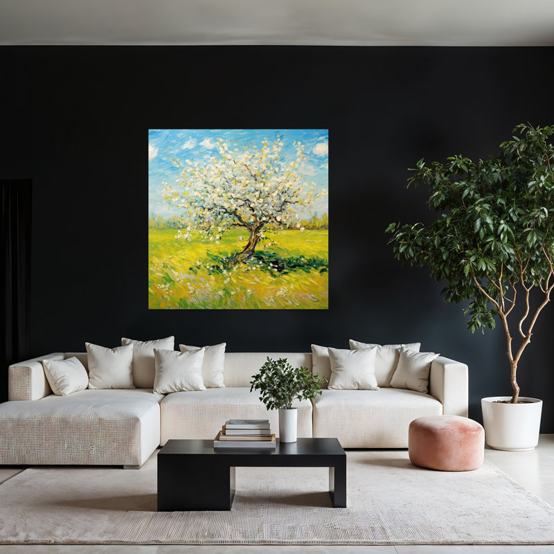 Pommier dans un champ blanc, paysage serein vibrant de cerisiers abstraits, art mural