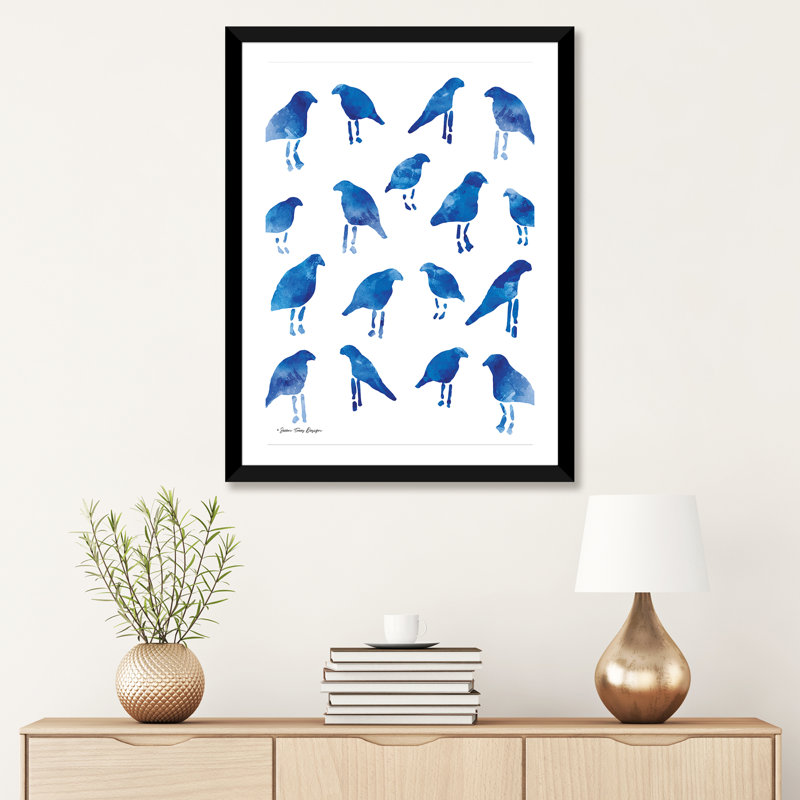 Oiseaux bleus - reproduction d'art, H 32 po x l 24 po x P 1 po, Papier encadré noir, Blanc