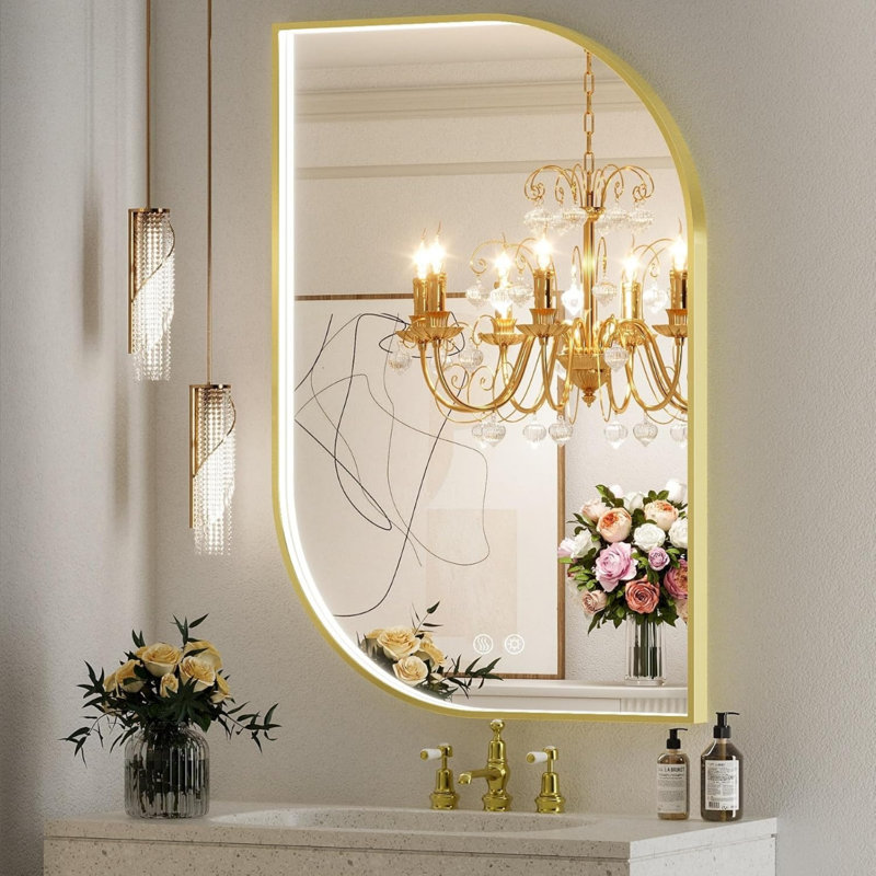 Miroir mural 24 po x 36 po à DEL pour salle de bain avec lumières, miroir de salle de bain asymétrique illuminé à cadre doré, anti-buée, à intensité variable