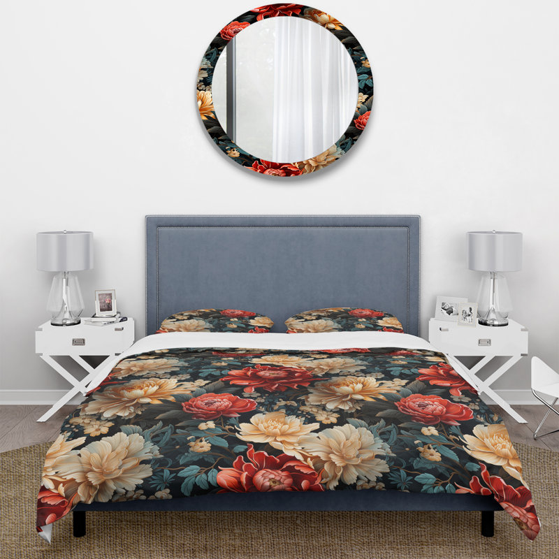 Ensemble de housse de couette rouge et beige Poppy Blossum, Housse de couette pour très grand lit et 2 très