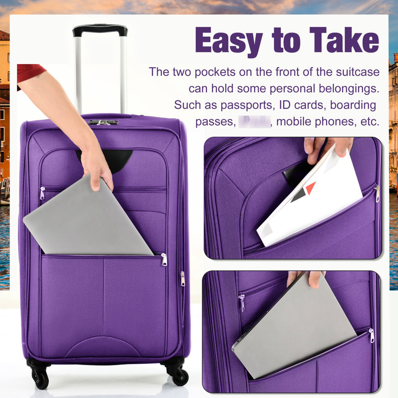 Ensemble de 3 valises extensibles en mauve - Softshell avec sac de voyage et roulettes d'organisation extensibles à 360 degrés
