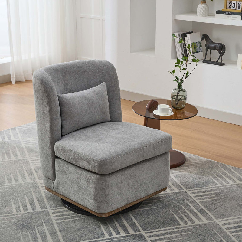 25.2"W Chenille 360°Swivel ArmlessChair with Pillow,Metal Base, Gray Chenille