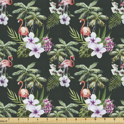 Pineapple Bouquet with Exotic Flowers Leaves Palms and Flamingos Fabric