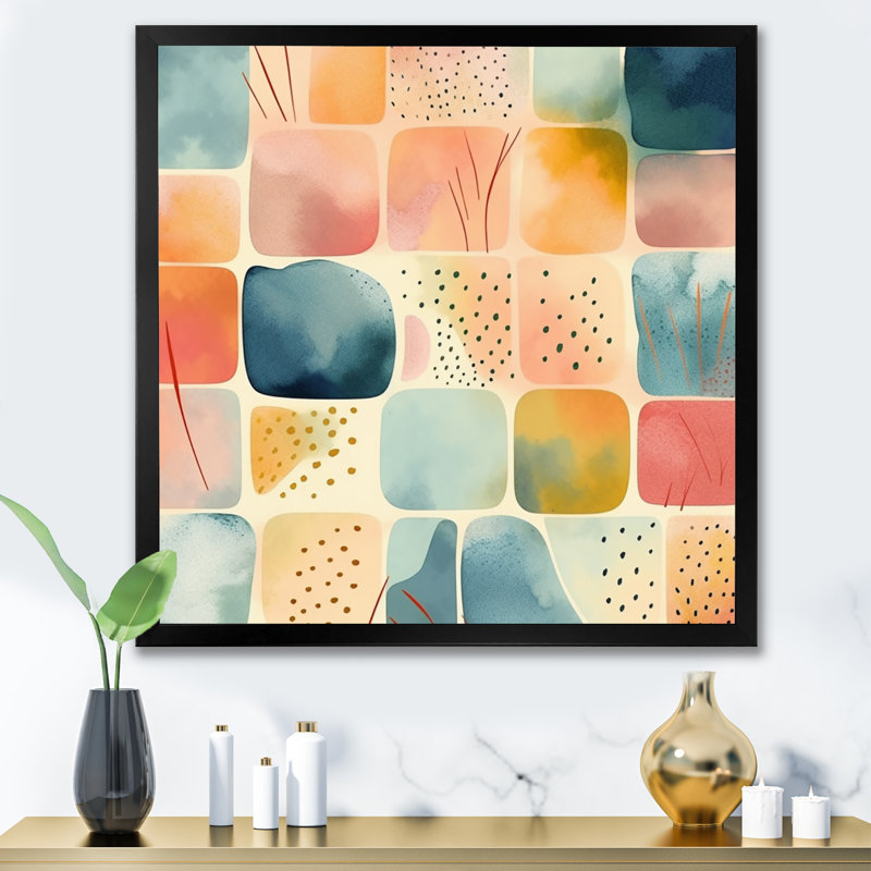 «Orange Fun Pattern Of Shapes III», art mural abstrait géométrique, Cadre photo noir, H 16 po x l 16 po x P 1 po