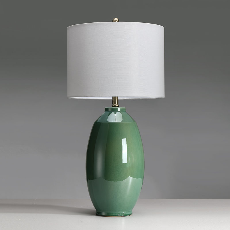 3-way Green Ceramic Table Lamp With White Drum Shade