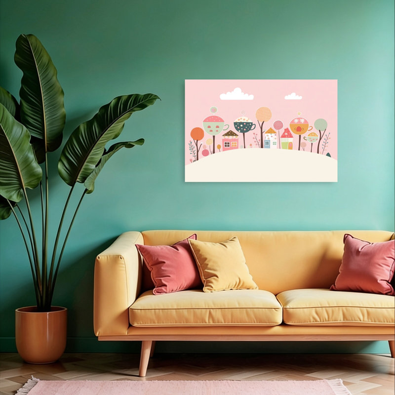 «Whimsical Teacup Village Colorful Playful Whimsical Landscape Nature», reproduction d'art murale, H 24 po x l 36 po