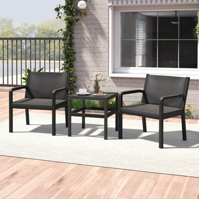 3 Piece Patio Furniture Set with 2 Modern Rattan Armchair & 25" Squire Side Table Black