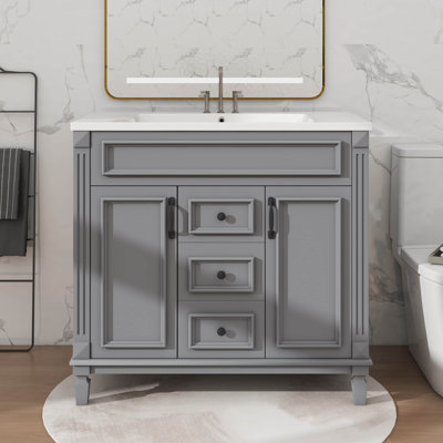 Meuble-lavabo 36 po avec lavabo intégré, armoire autoportante avec 2 portes et tiroirs à fermeture en douceur