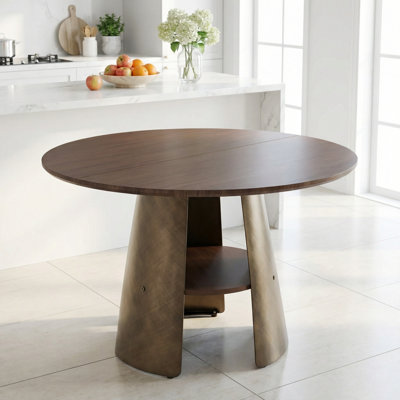 Table de salle à manger ronde de style rétro avec couche de rangement et structure en métal brossé, pour 4 à 6 personnes, plateau de table en grain de bois de noyer, couleur bronze, diamètre de 47,25 po