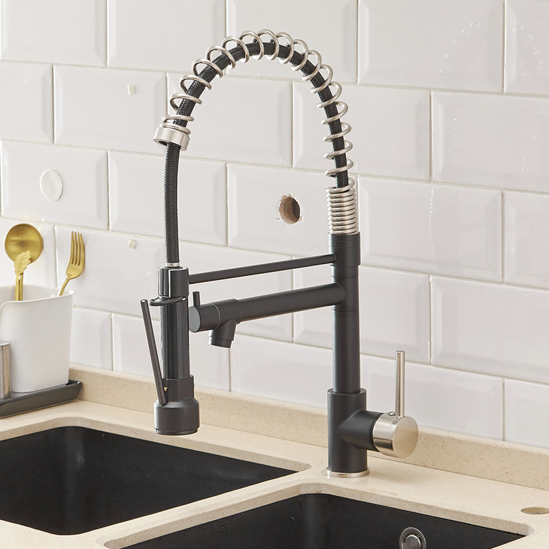 Pull Down Kitchen Sink Faucet, Black And Silver, Dual Settings For Modern Kitchens 360-Degree Rotation, Nickel, Easy To Clean