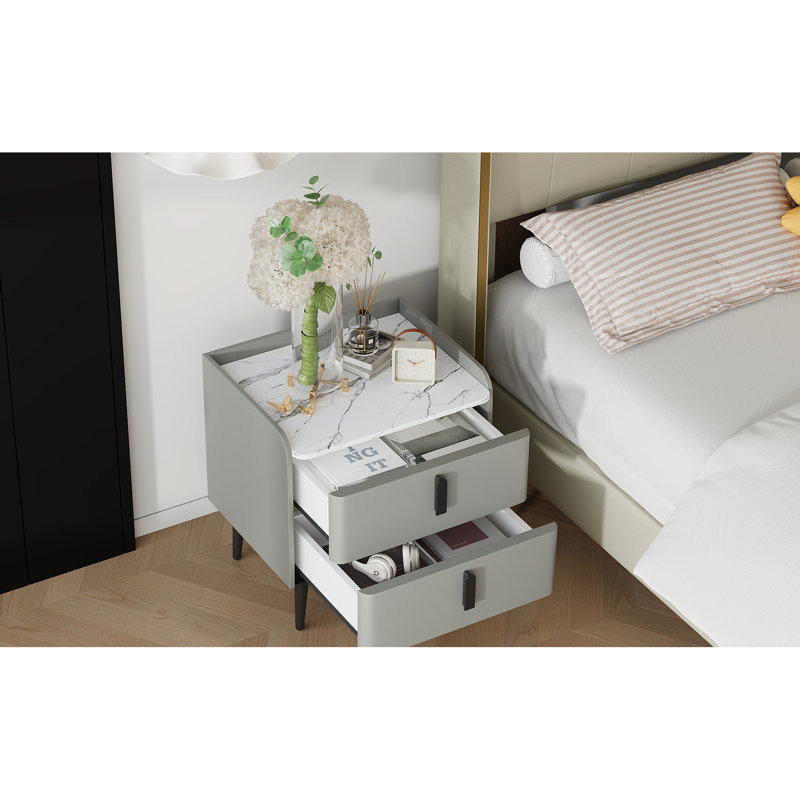Table de chevet grise avec plateau en marbre et 2 tiroirs de rangement spacieux, table de bout à côté pour l'organisation de la chambre à coucher
