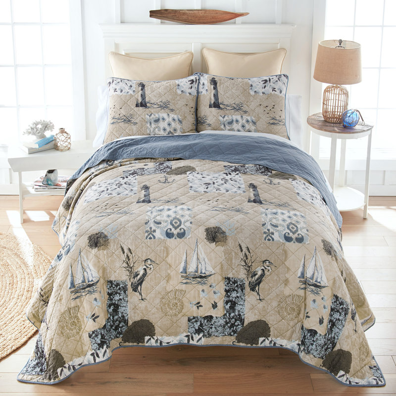 Ensemble de courtepointe en coton 3 pièces Donna Sharp Seascape, Courtepointe pour très grand lit et 2 taies déco
