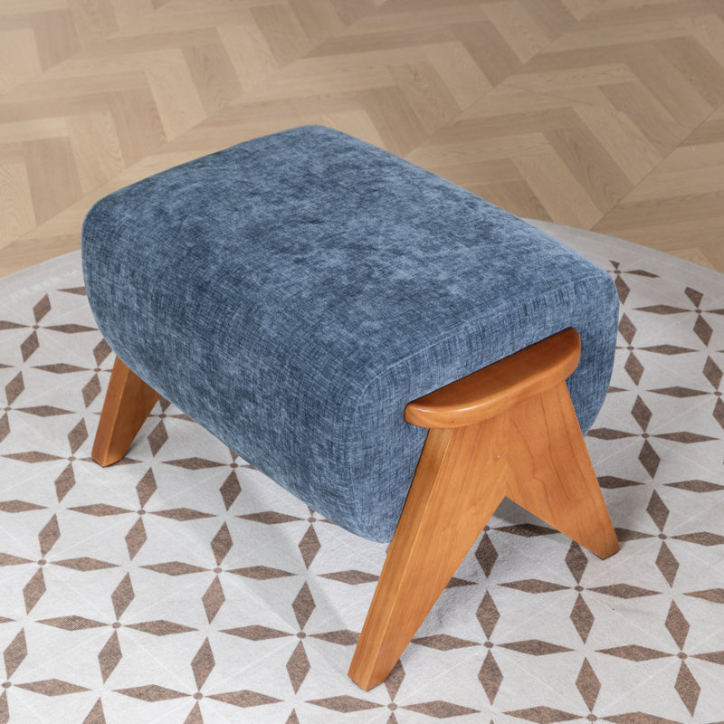 Kyajah Solid Wood Chenille Upholstered Ottoman, Blue