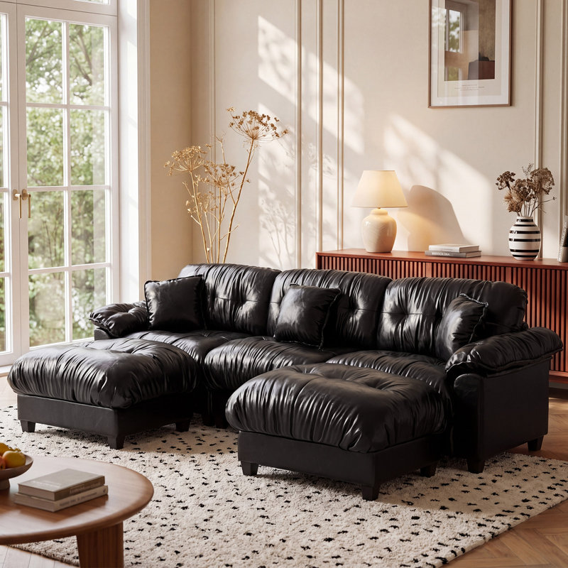 Canapé d'angle surdimensionné en cuir de 315 cm (124,2 po) Cloud pour salon, canapé modulaire moderne en forme de U avec pouf, brun